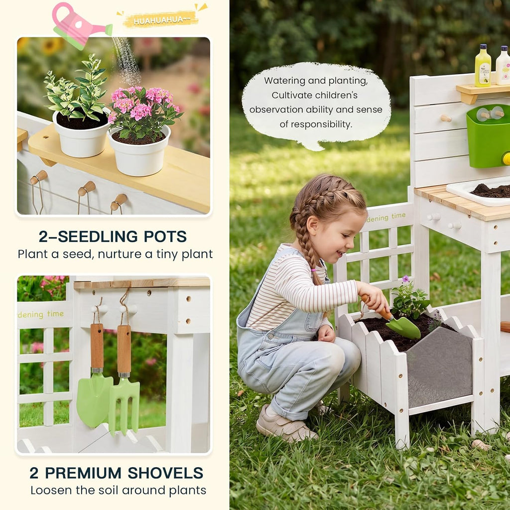 Frogprin Outdoor Mud Kitchen for Kids, Wooden Play Kitchen with Plant Growing Box & Trellis, Real Faucet Sink, Gardening Tools &, Cooking Accessories, Ideal for Toddlers Ages 3+