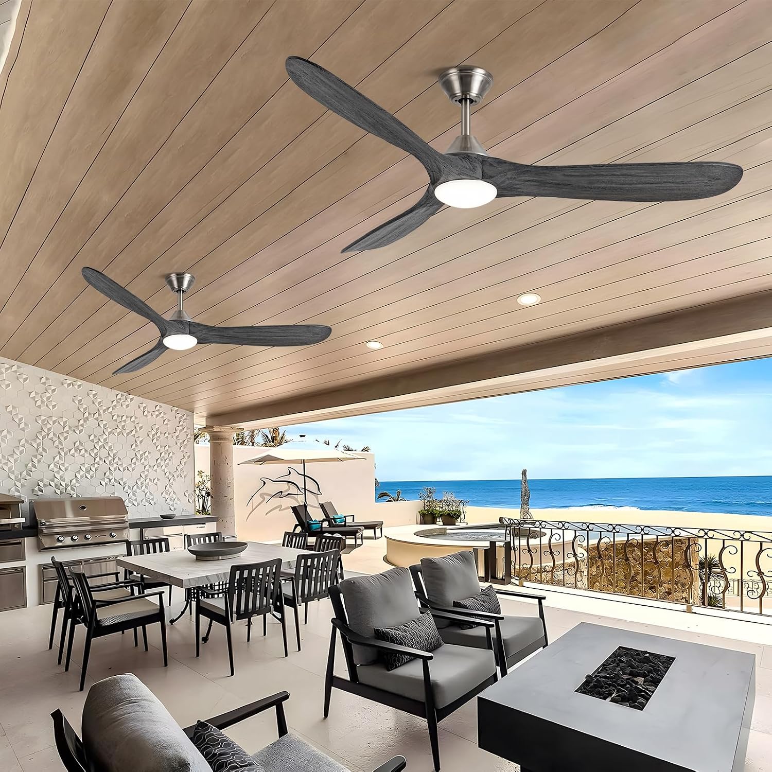Outdoor Ceiling Fan with Light, 60 inch Ceiling Fan with Light and Remote, Modern Wood Ceiling Fans, Reversible Quiet DC Motor, High CFM, Dimmable Ceiling Fans for Indoor/Outdoor Nickel+Gray
