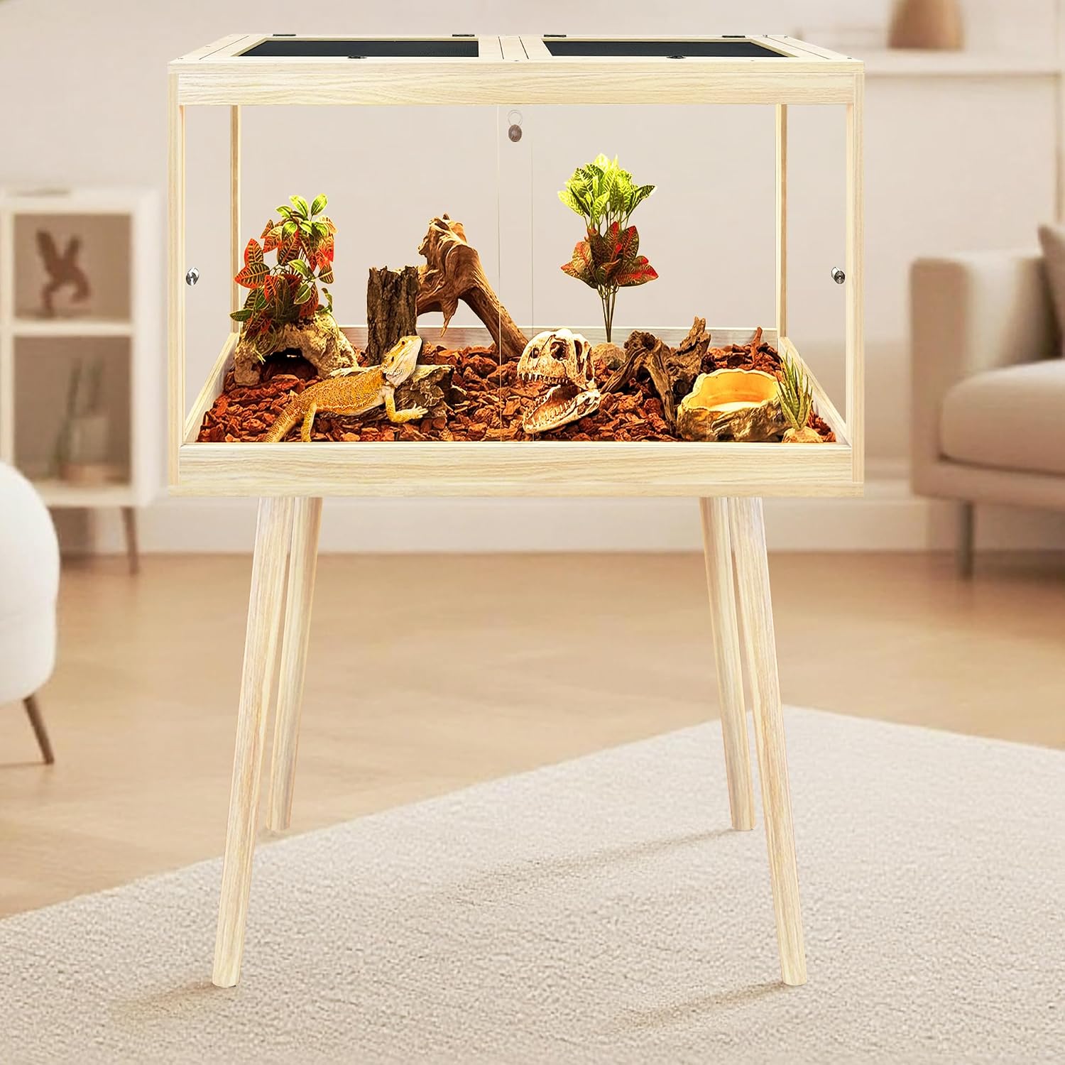 PROLEE Bearded Dragon Tank with Legs, 30 Gallon Tempered Glass Lizard Tank, Reptile Enclosure with Metal Mesh and Lockable Door, Reptile Tank for Snakes,Chameleon (Oak, 24x15.5x15.5 Inch)