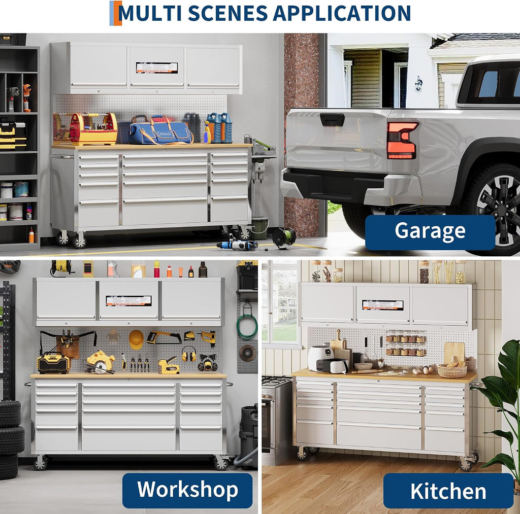 72-inch Rolling Tool Chest, 15 Drawers Garage Workbench Storage Tool Cabinet with Lock Key, Heavy Duty Rolling Cabinet with Solid Rubber Wood Top, Load Mobile Workstation for Warehouse, Repair Shop