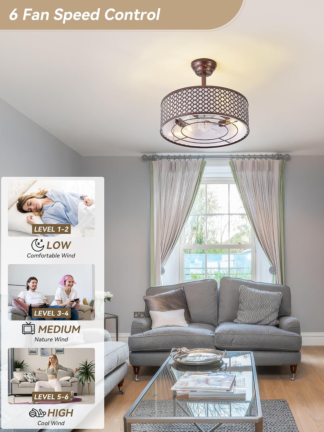 Brown Fandelier Ceiling Fan with Light, 20' Caged Boho Ceiling Fans with Lights and Remote, Mid Century with 6 Speeds for Bedroom, Living Room, Nursery