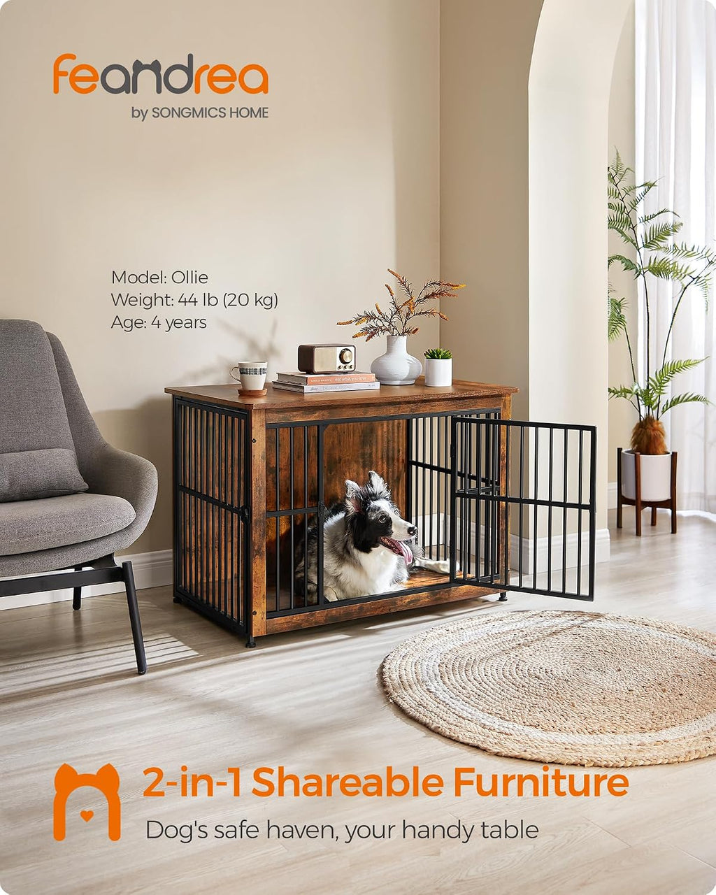Feandrea 38.6' Dog Crate Furniture, Heavy-Duty Dog Cage Side End Table, XL Pet Wood Kennel for Large and Medium Dogs up to 70 lb with Enclosed Base, Double-Door Pet House, Rustic Brown