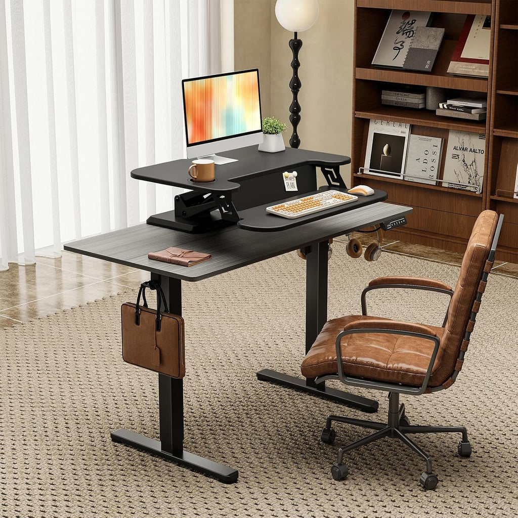 Electric Standing Desk with Clamp-on Desk Converter, Desktop Riser with Keyboard Tray Add on Home Office Desk
