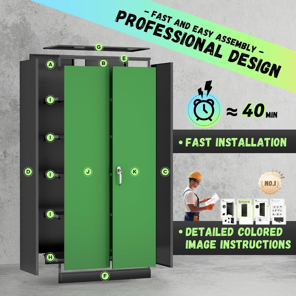 SUNCROWN 72' Metal Storage Cabinet - Heavy-Duty Metal Garage Cabinet with 4 Adjustable Shelves & 2 Doors for Tools, Office, Home, Workshop,Black & Green