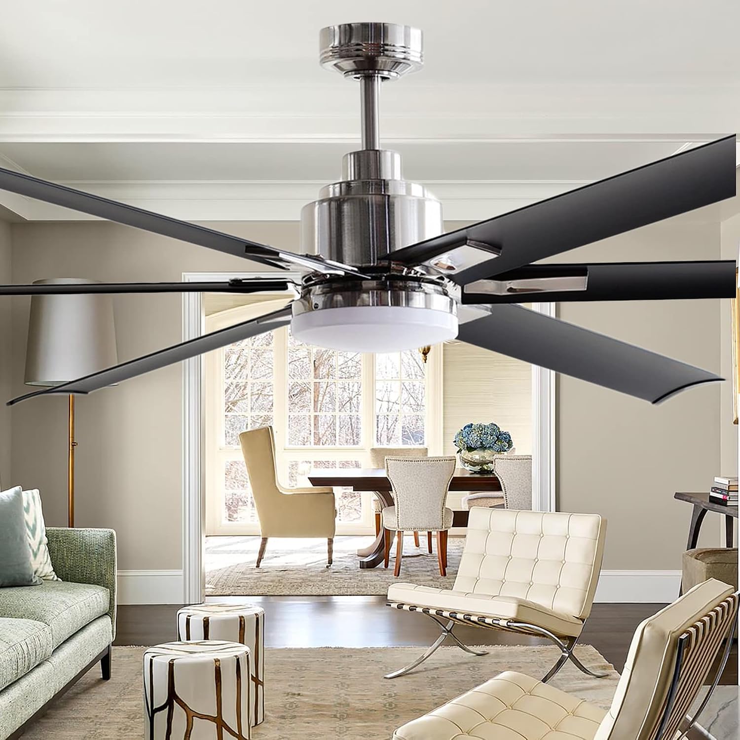 Ceiling Fans with Lights and Remote, 72 Inch Industrial Ceiling Fan for Living Room Bedroom Outdoor Ceiling Fans for Patios, LED Lighting Ceiling Fans, DC Motor Reversible 6 Blades, Brushed Chrome
