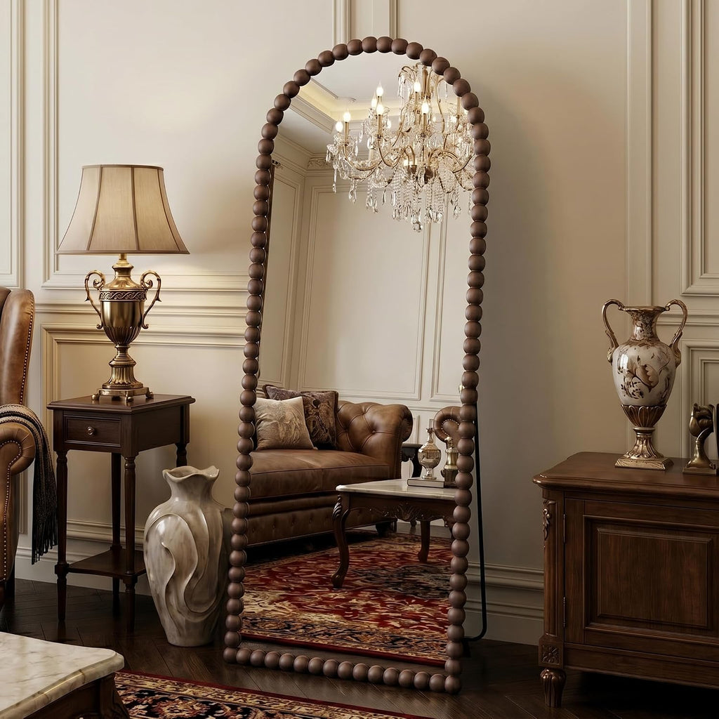 Antok 58' x 21' Arched Full Length Mirror, Antique Beaded Frame Floor Standing or Wall Mounted Mirror with Stand for Bedroom, Entryway, Brown, Luxury Style