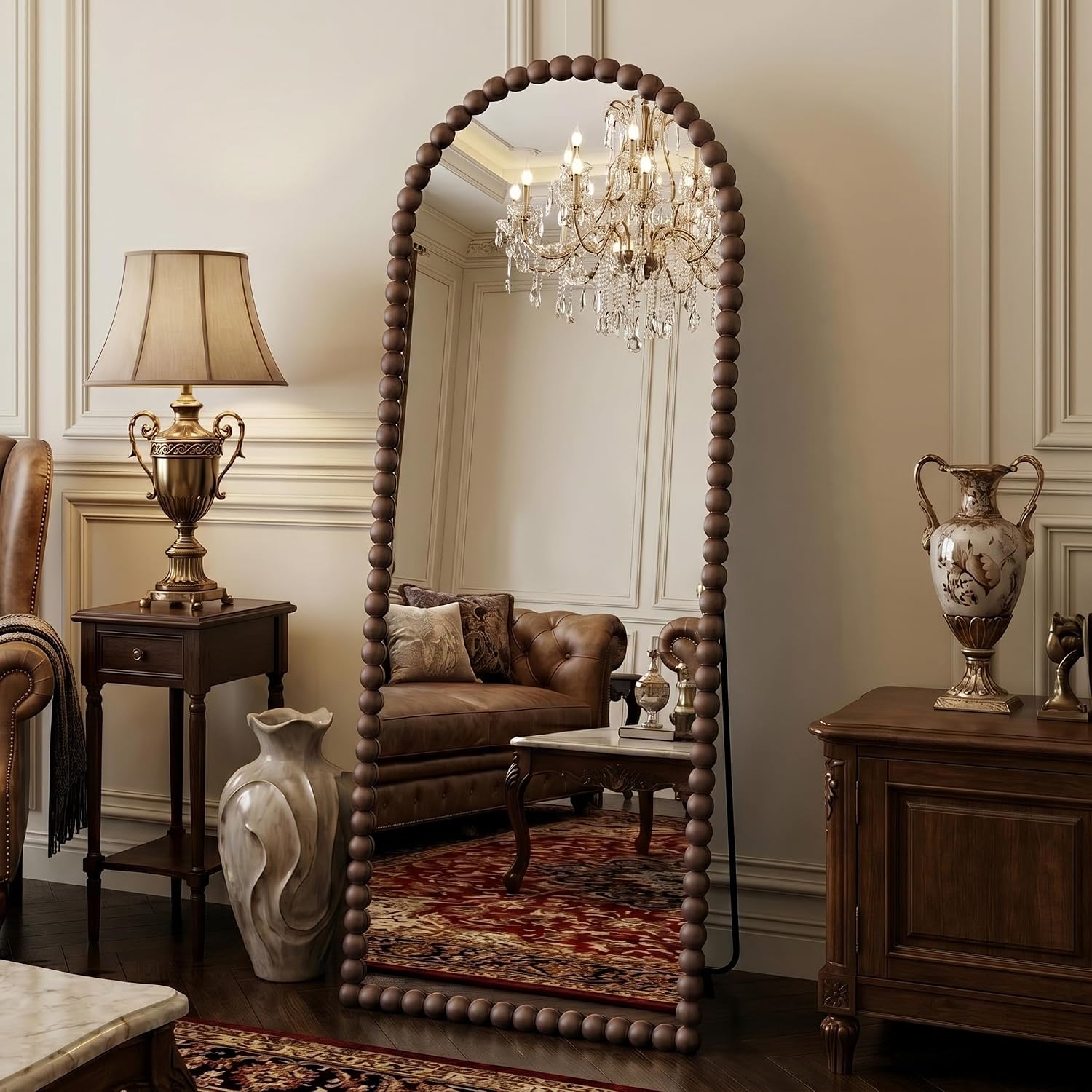 Antok 58' x 21' Arched Full Length Mirror, Antique Beaded Frame Floor Standing or Wall Mounted Mirror with Stand for Bedroom, Entryway, Brown, Luxury Style