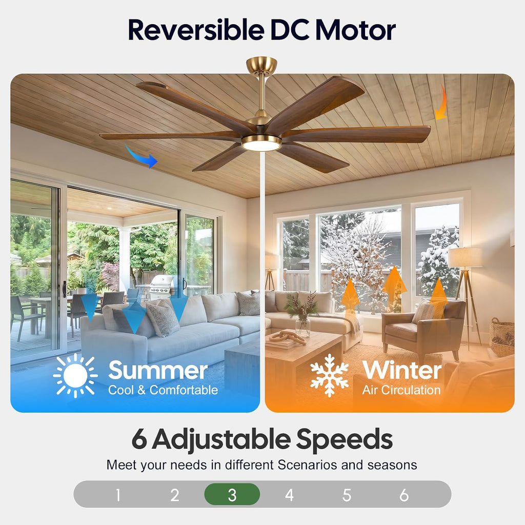 72 Inch Smart Outdoor Ceiling Fan with Lights, Brass Gold with 6 Solid Wood Walnut Blades, Modern Farmhouse, Alexa/App/Remote Control, 9268 CFM Quiet DC Motor, for Large Room Exterior Gazebo Patio