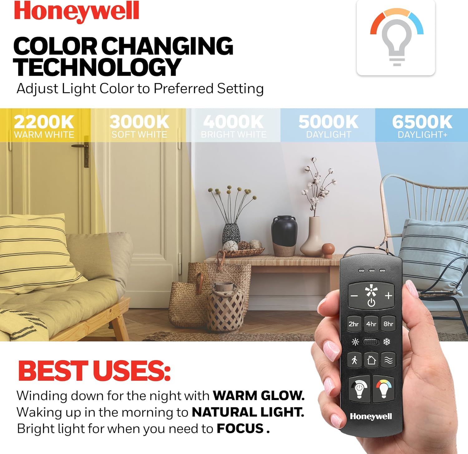 Honeywell Graceshire 52 Inch Ceiling Fan with Color Changing LED Light and Remote Control, 5 Blades, Reversible Airflow, Matte Black