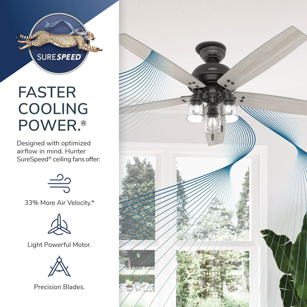 Hunter 60 inch Indoor Ceiling Fan with LED Lights - Bronze Ceiling Fan with Pull Chain, For Bedroom or Living Room, Standard Mount, No Remote, 5 Blades, Includes Bulbs - Churchwell 51200, Noble Bronze