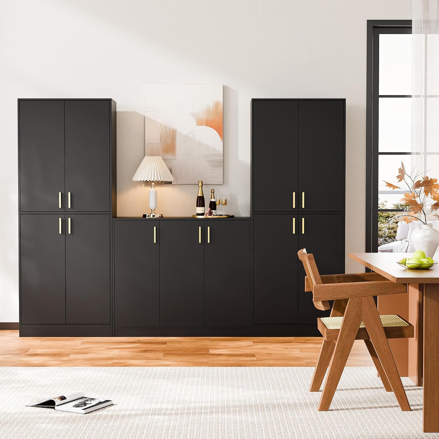Cozy Castle Kitchen Pantry Cabinet, 71' Tall Wood Storage Cabinet with Doors and Shelves 4 Doors Freestanding Cupboard for Dining Room Living Room Furniture, Black | Wood Storage Cabinet