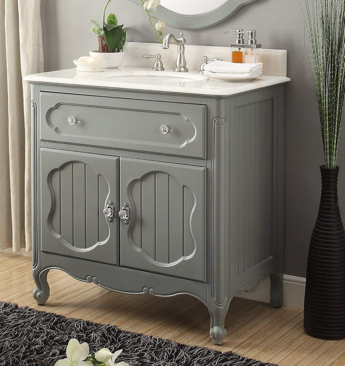 34' Knoxville Victorian Shabby Chic Gray Bathroom Vanity & Mirror GD-1533CK-MIR