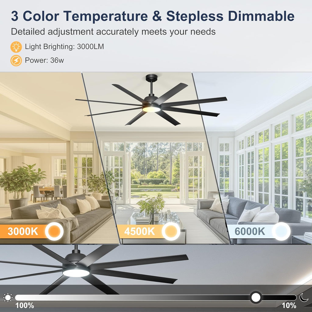 72'' Ceiling Fan with Light - Remote & APP Control, 3 CTT Dimmable, 6 Speed Reversible DC Motor Fan for Shop, Garage, Covered Outdoor, Black