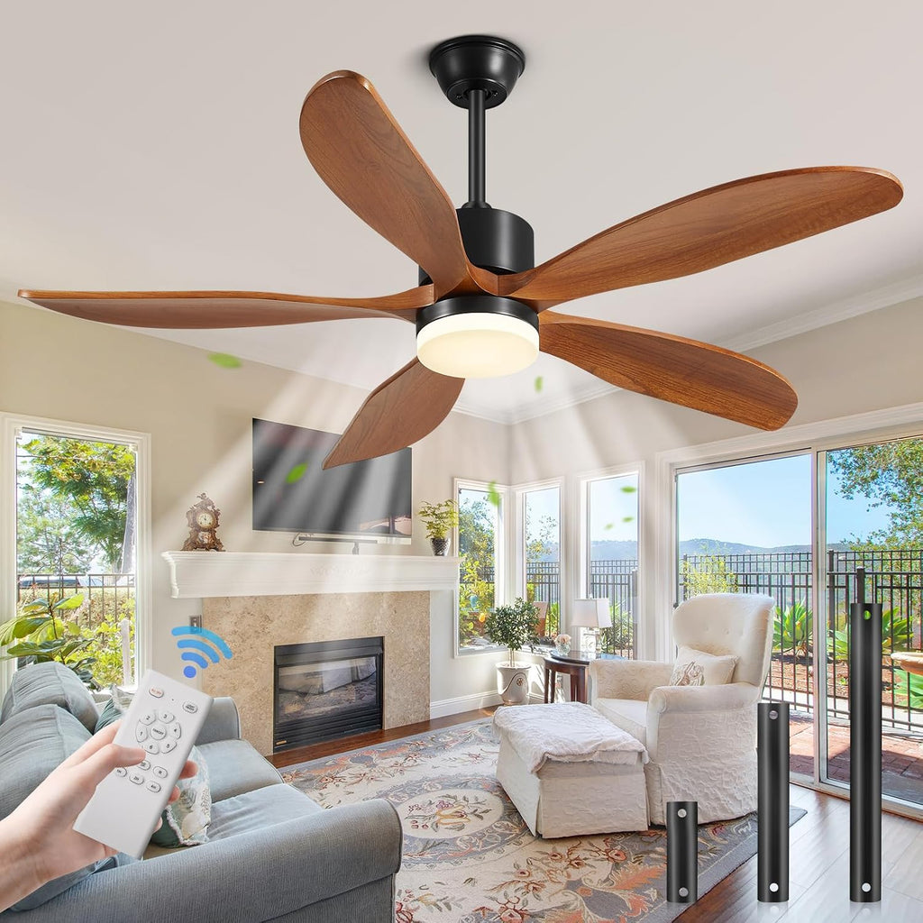 60 Inch Walnut Wood Ceiling Fan with Light and Remote, Original USA Patent Outdoor Ceiling Fan, 5 Wood Blades, 3 Downrods, Timer, 6 Speed ETL Certified DC Motor Ideal for Patio Porche Indoor Bedroom