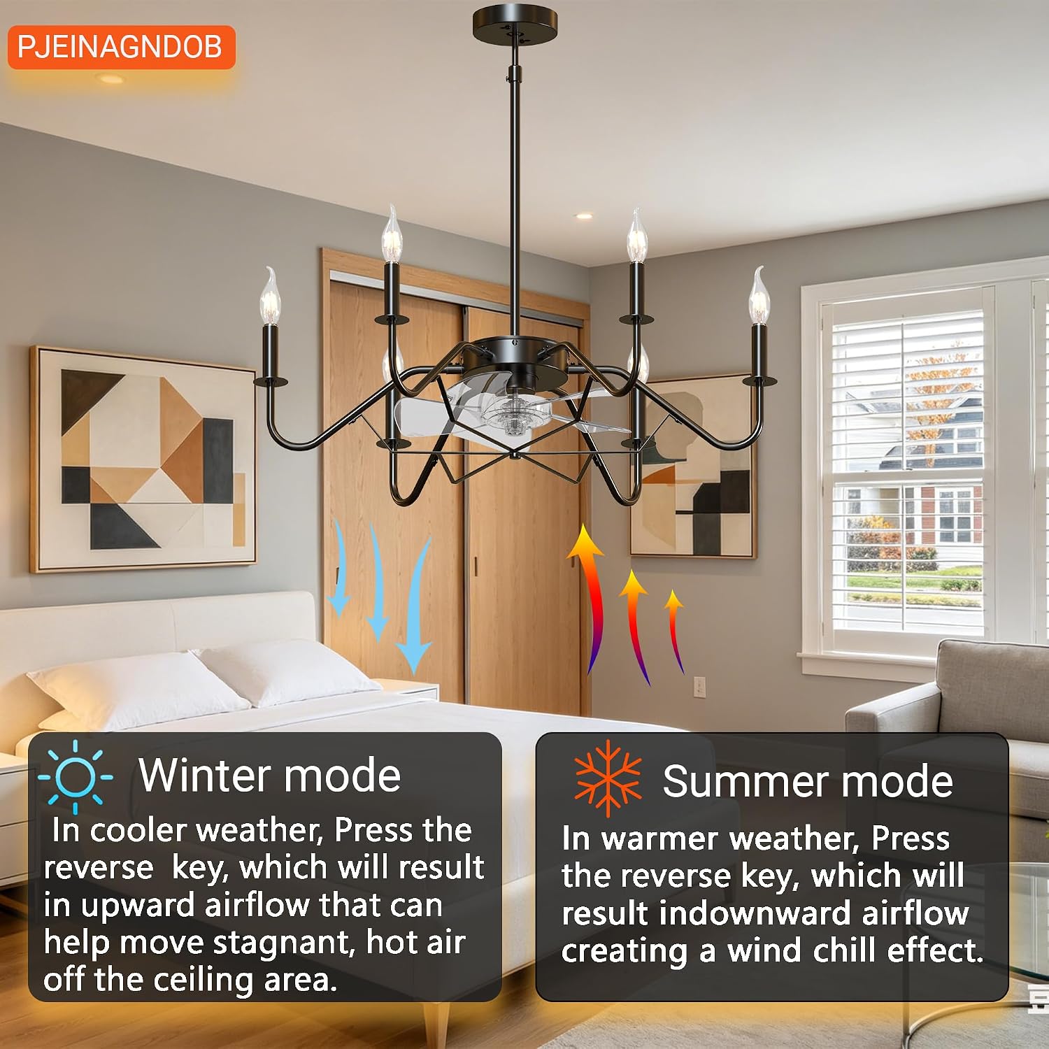 Ceiling Fan with Branch-Shaped Candlestick Chandelier 10%-100% Dimmable Rustic Hanging Chandelier for Bedroom, Dining Room, Kitchen Island, Foyer, Hallway-Black 29'