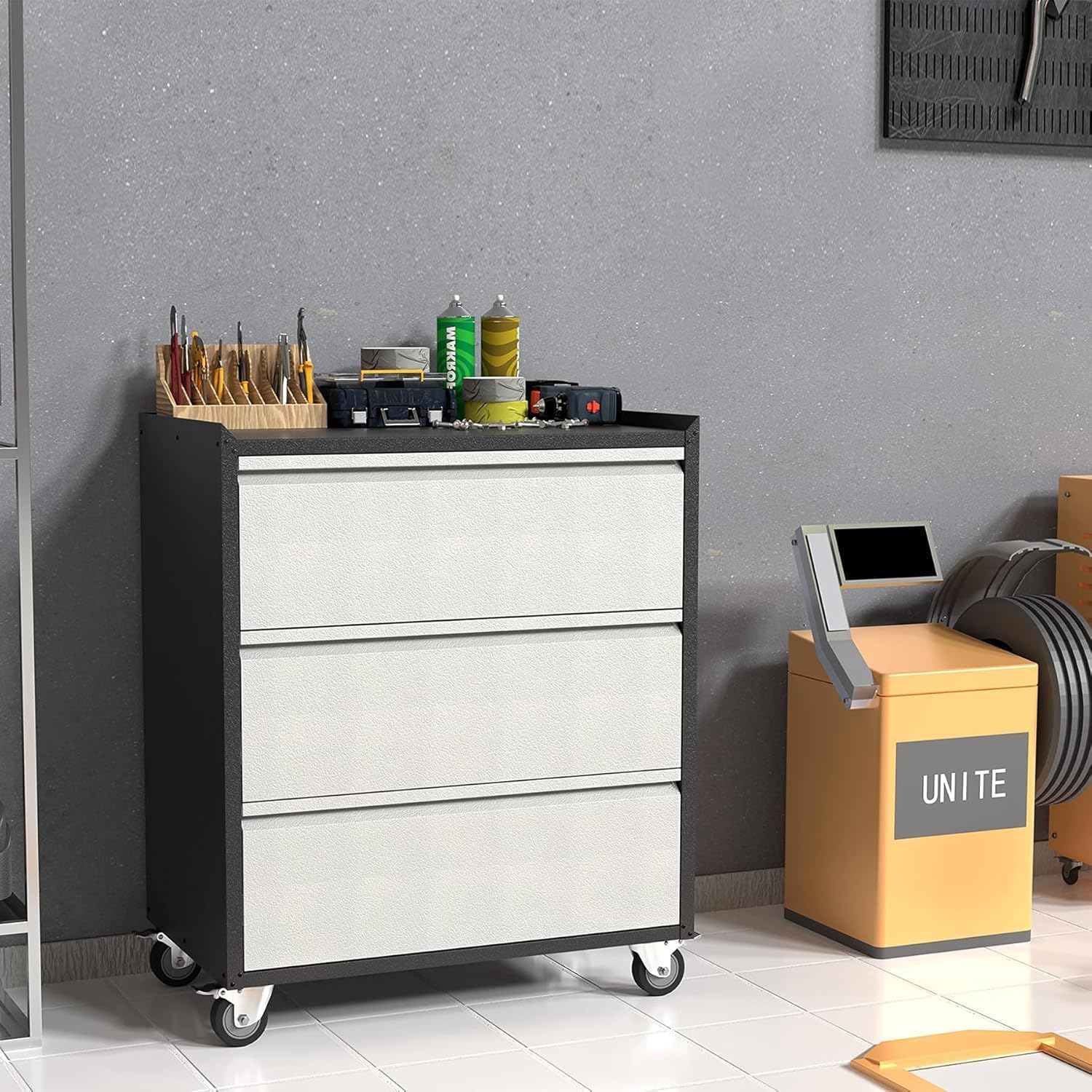 GarveeHome Lockable Metal Rolling Tool Chest with 3 Drawers, Storage Cabinet with Wheels for Garage and Warehouse, Assembly Required