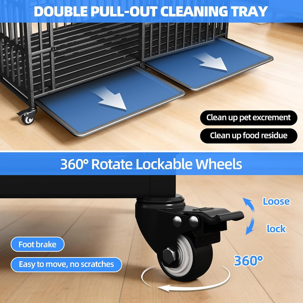 Heavy Duty Dog Crate Cage Kennel 64 inch Sturdy Durable Safe for High Anxiety Giant Extra Large Breeds Dog Pet XL XXL,Lockable Wheels, Removable Trays
