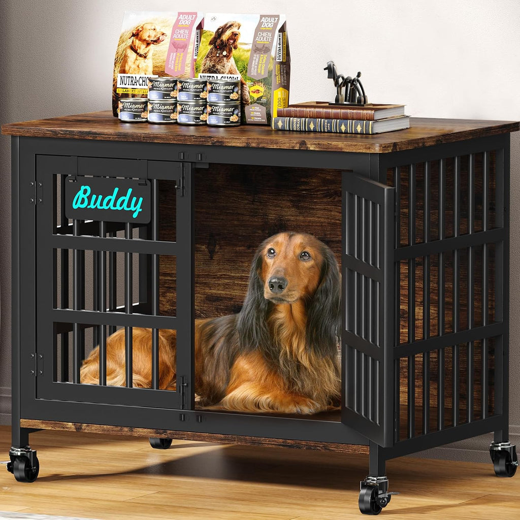 EasyCom 33'/27' Dog Crate Furniture with Name Tag, Heavy Duty Dog Kennel Indoor for Medium and Small Dogs, Double-Doors Sturdy Metal Dog Cage, Decorate House as TV Stand, End Table, Bedside Table