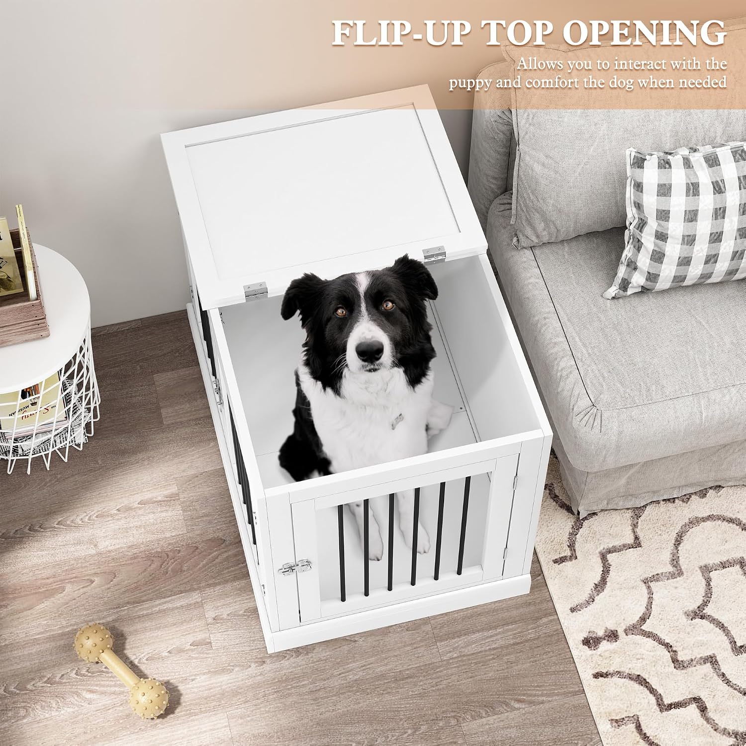 PUPETPO Furniture Style Dog Crate with Cushion, Dog Kennel Medium, Pet Crates, Dog Cage for Small and Medium Dogs, Decorative Dog Kennel with Flip-top Plate, Chew-Proof Metal Bars, White