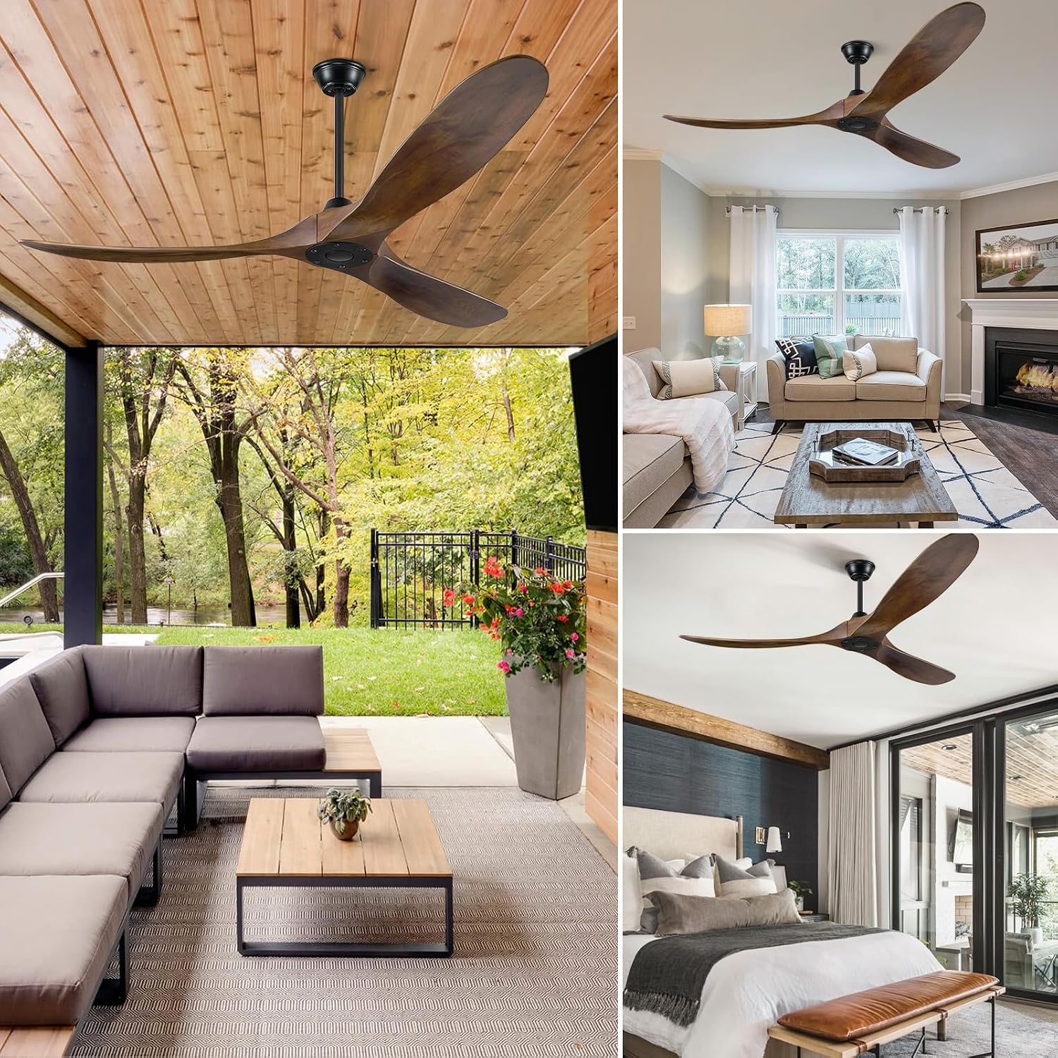 Eliora Ceiling Fan without Light, 60 Inch Wood Ceiling Fan no Light with Remote Wall Switch, Outdoor Fan for Patio, Porch, Bedroom, 6 Speed, Quiet DC Motor, ETL Listed-Deep Walnut