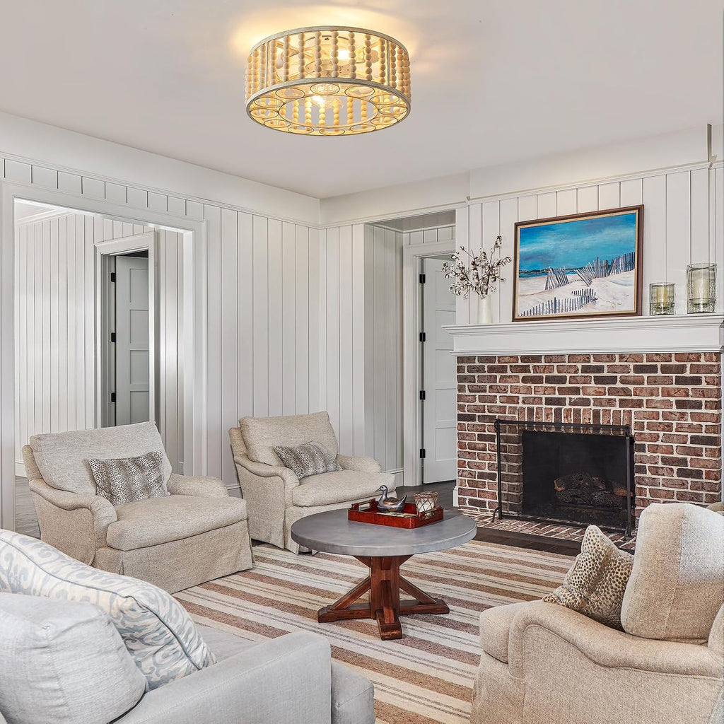 20' Boho Ceiling Fan with Light: Wood Beaded Caged Ceiling Fans with Lights Flush Mount,Remote and Reversible 6 Speeds Fandelier for Bedroom, Kitchen, Living Room,E26 Base No Bulb.