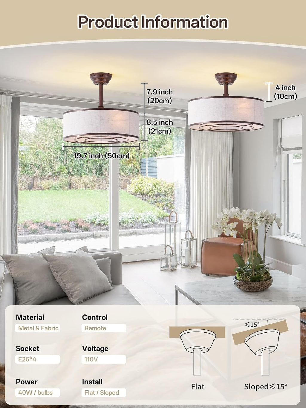 20' Brown Caged Boho Fandelier Ceiling Fan with Light & Remote Control - Bladeless Chandelier Fan, 6 Speed Quiet Reversible Motor for Bedroom, Nursery, Living Room