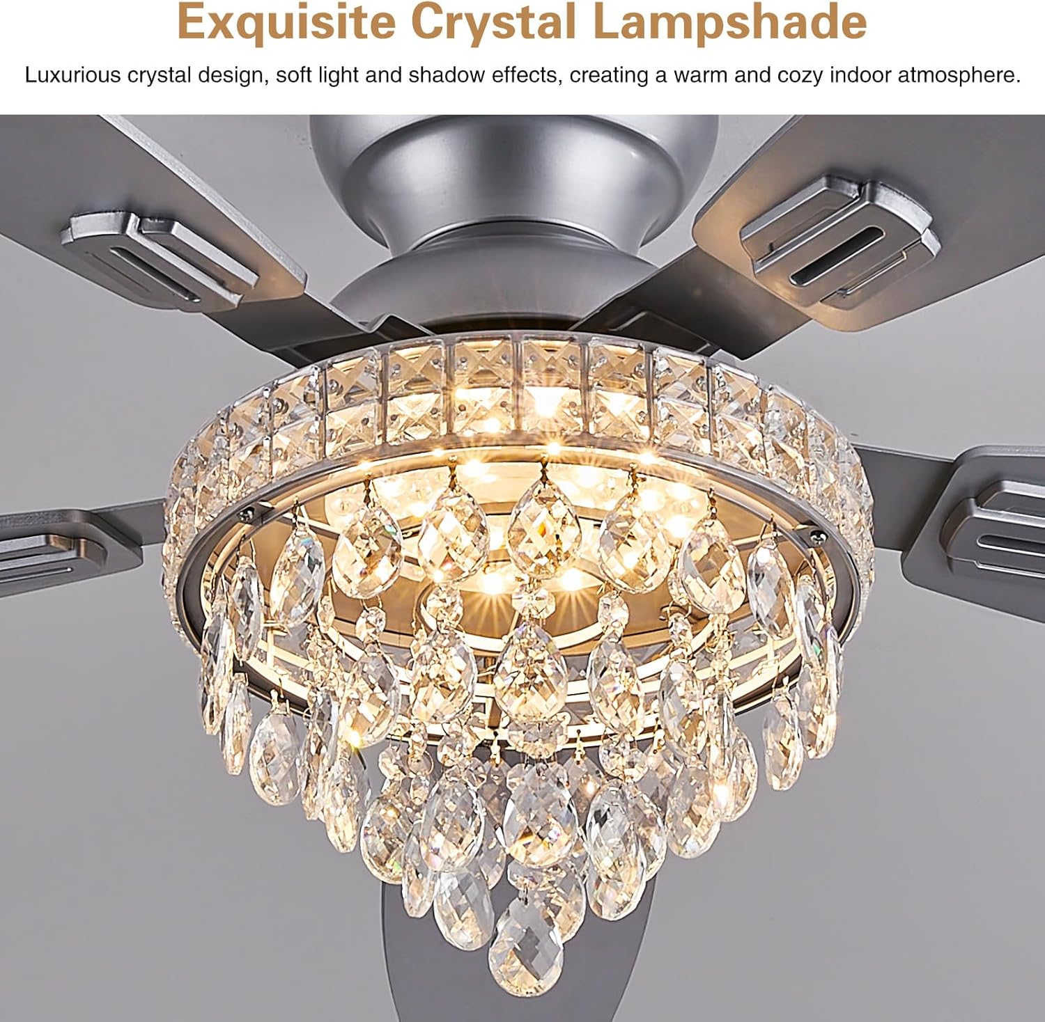 Crystal Ceiling Fan Fandelier with Lights-Ceiling Fans with Lights,54' Low Profile and Remote Control, Flush Mount, Reversible, Dimmable, Noiseless, Sliver Ceiling Fan for Bedroom