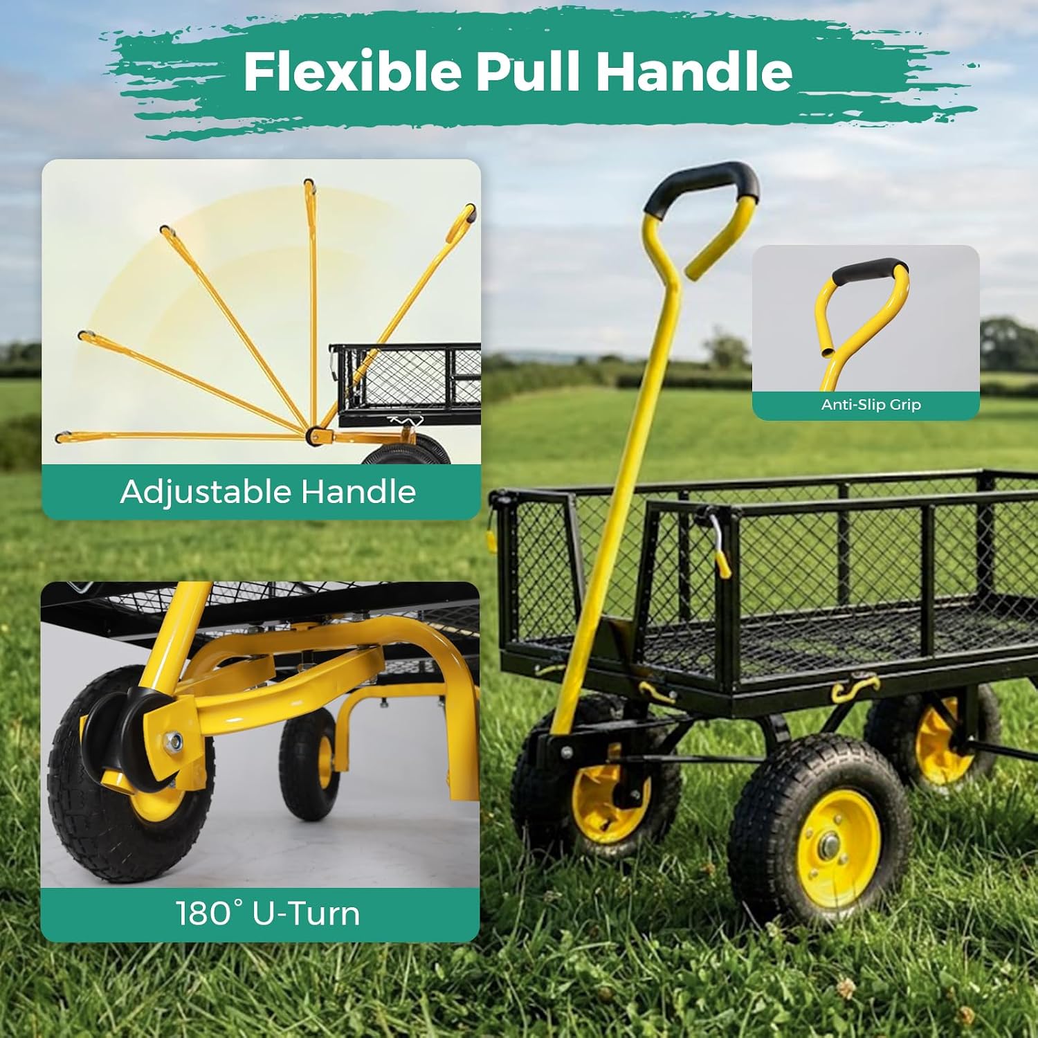 SUNNYFEEL 900 LBS Heavy Duty Steel Garden Cart, Utility Garden Wagon Cart with 10' Flat-Free Wheels and Removable Sides, All Season Yard Cart with 180° Adjustable Handle