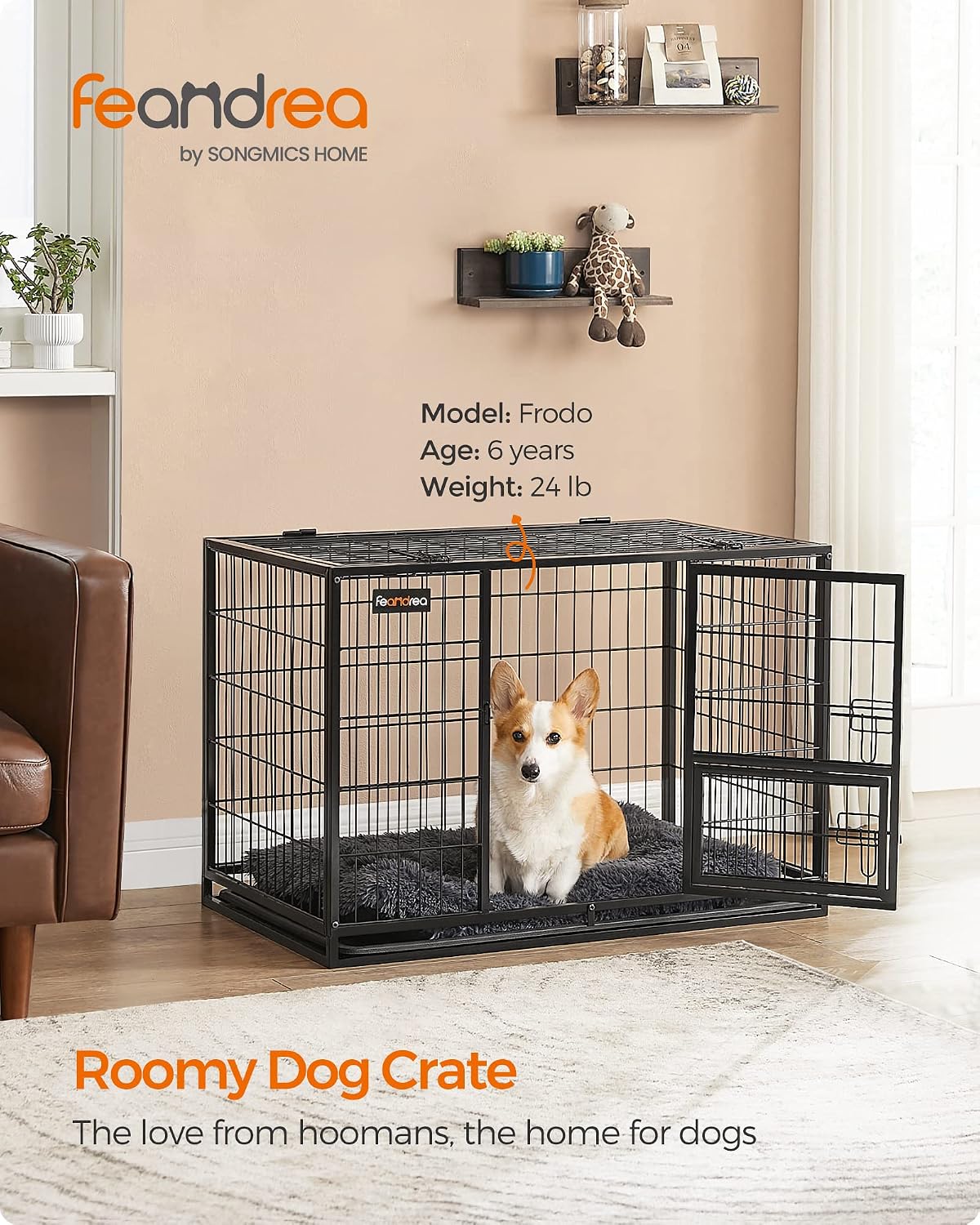 Feandrea 36.4 Inch Heavy Duty Dog Crate, Metal Escape Proof Kennel with Double Doors and Convenient Feeding Door, Removable Tray, Easy to Clean, L Pet Crate for Medium and Small Dogs, Black