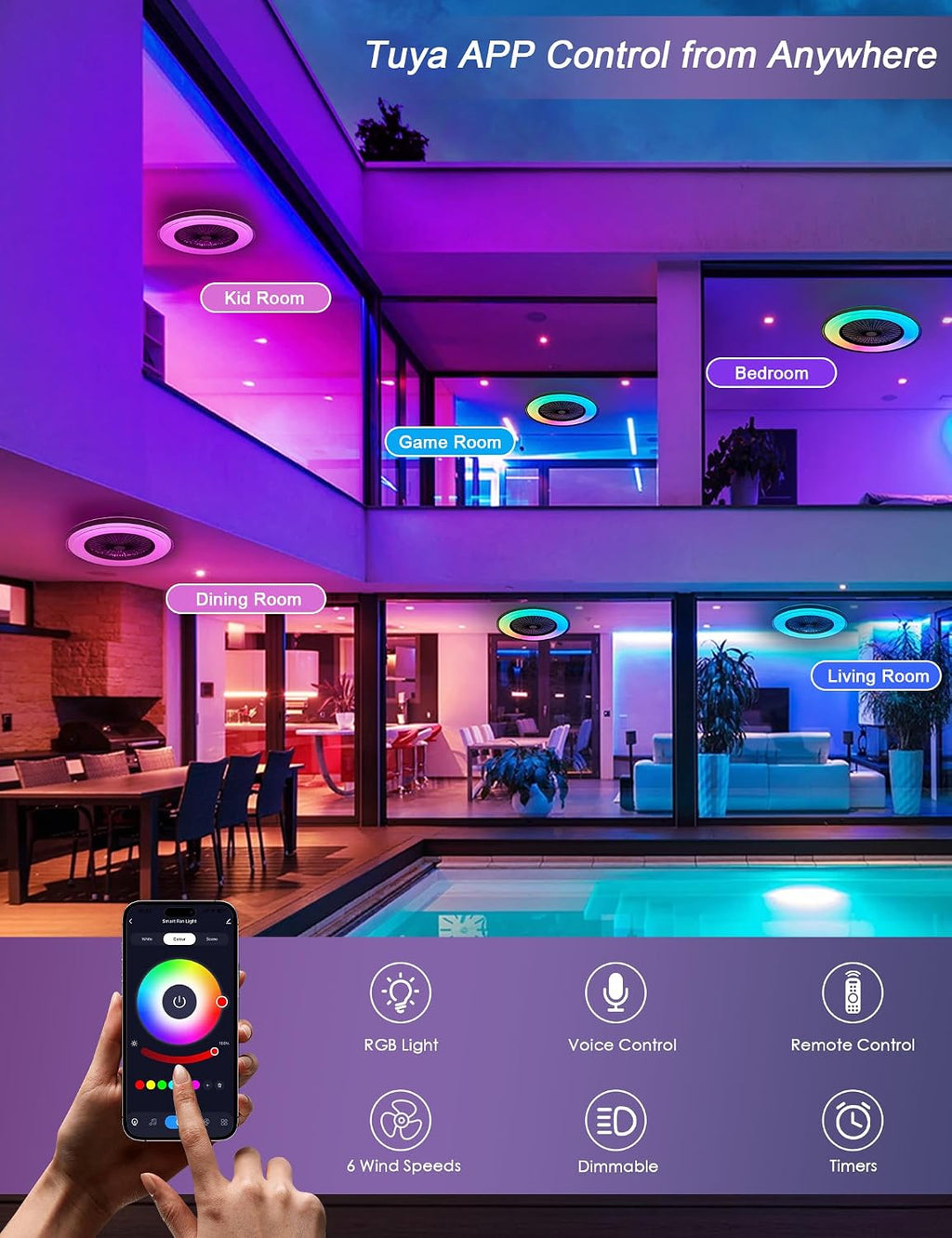 Dawn Whisper 24' Low Profile Ceiling Fans with Lights Quiet DC Motor 6 Speeds Timer Flush Mount Enlosed LED Modern Smart RGB Ceiling Fans with Alexa/Tuya APP Remote Control for Kids Bedroom Black