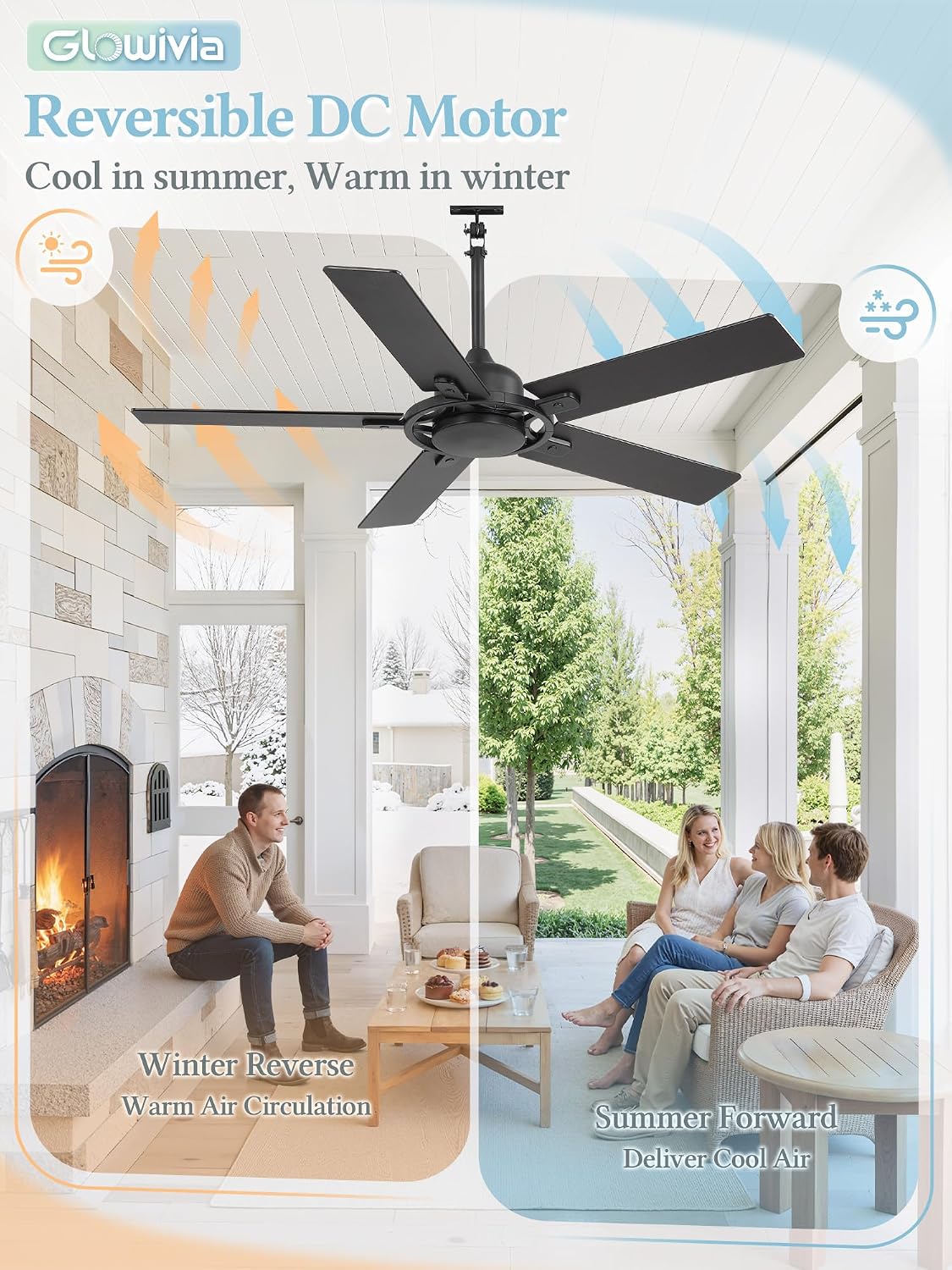 52 Inch Outdoor Ceiling Fan without Light, Waterproof IP65 Wet-Rated, Plug-in Black Ceiling Fan No Light, Remote Control with 6-Speed DC Motor, Hanging Fans with Cord for Patio Porch Gazebo