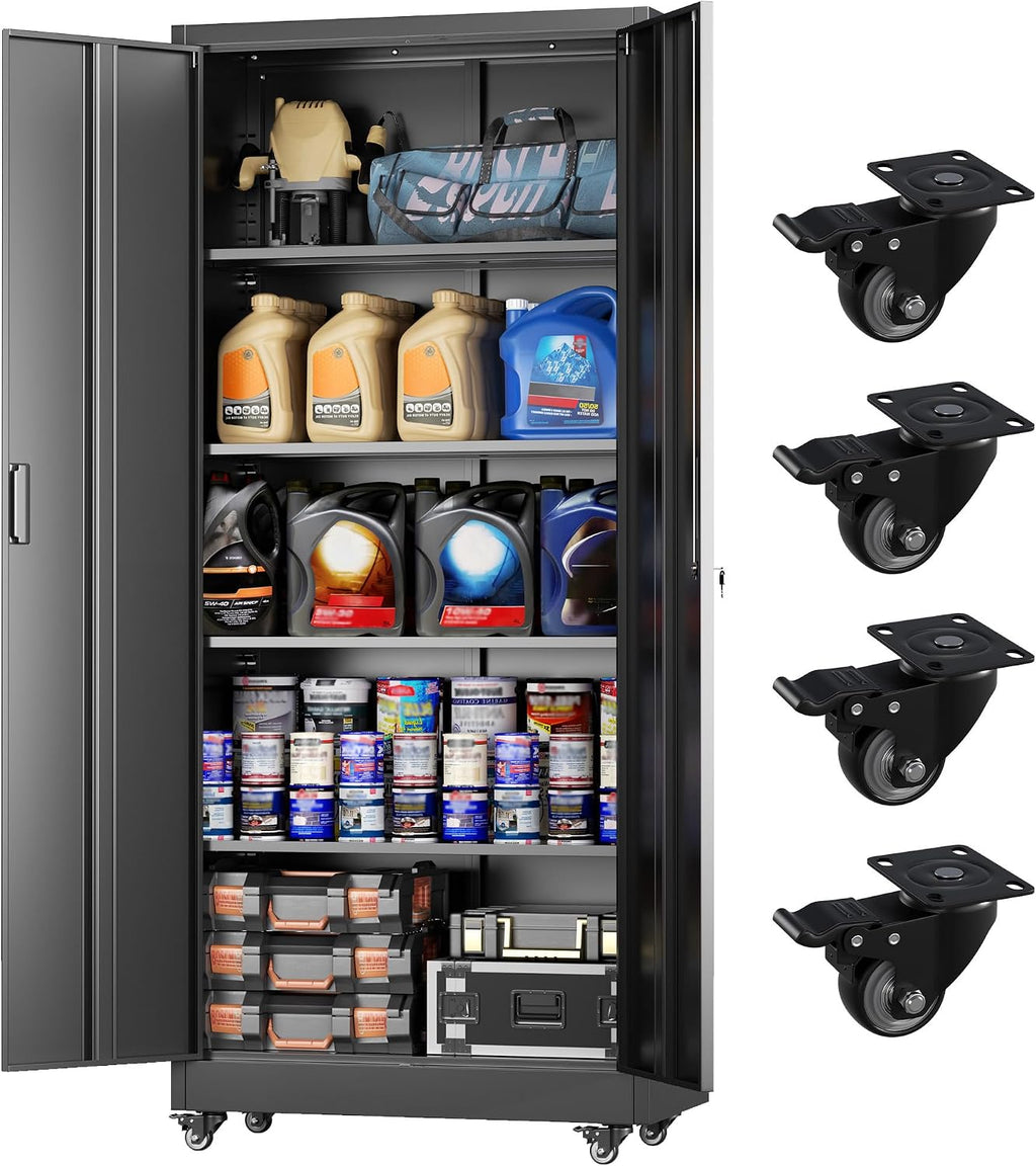 Greenvelly 73' Rolling Storage Cabinet,Black Metal Garage Cabinet with Locking Doors and 4 Adjustable Shelves for Home,Kitchen,Office,Warehouse(32' W x 16' D,Wheels)