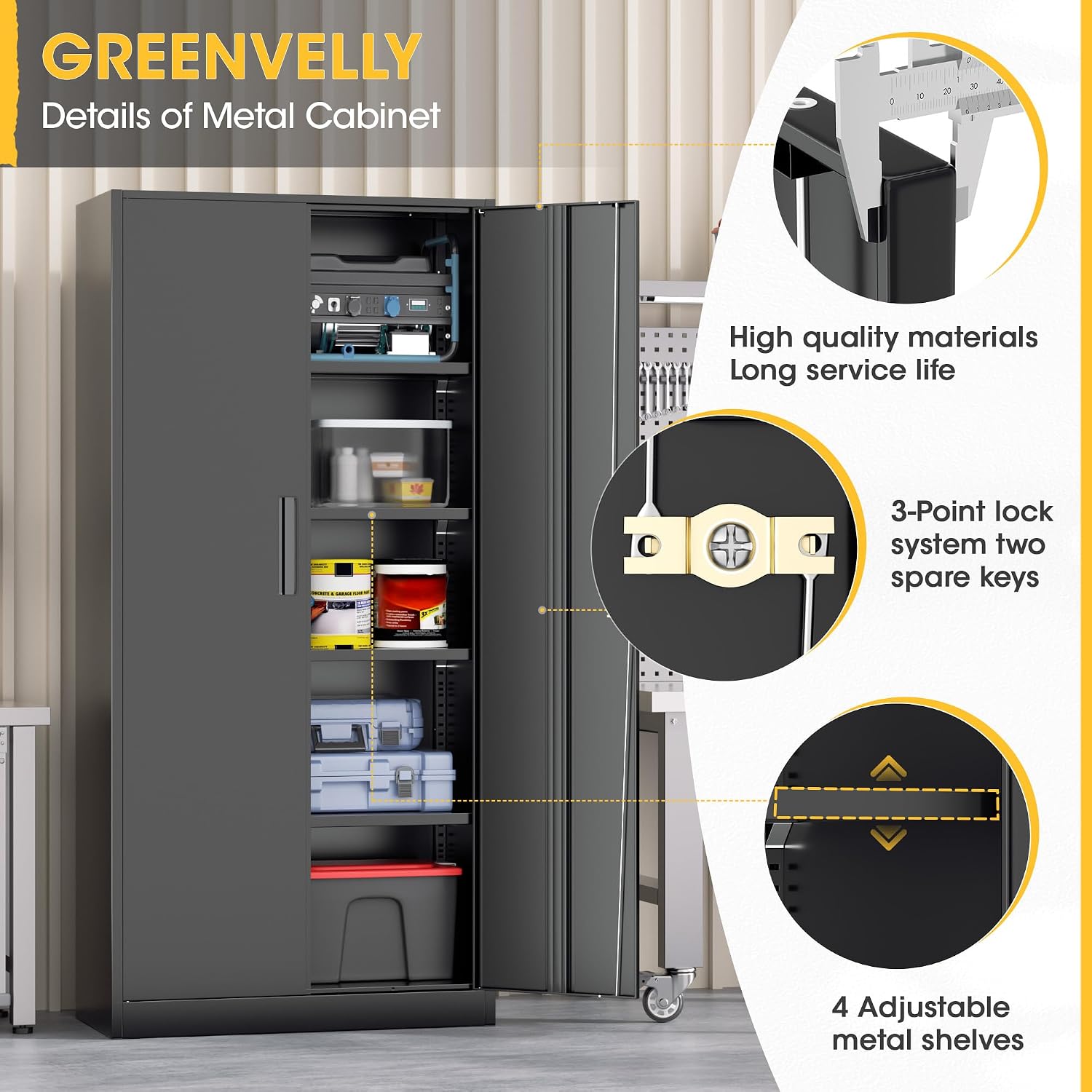 Greenvelly 72' H Metal Garage Storage Cabinet with 2 Doors and 4 Adjustable Shelves, Black Metal Cabinet with Lock, Steel Tool Cabinet for Office, Home, Garage, Gym, School（New Recessed Handle）