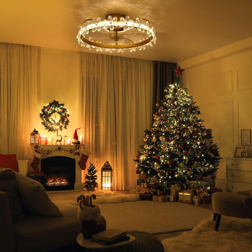 Fandelier Ceiling Fan with Light,Dimmable LED,6 Speeds,22'' Gold Ceiling Fan with Lights and Remote Control,Crystal Flower Ceiling Fan Chandelier for Kids Room/Daughter's Room/Girls Bedroom