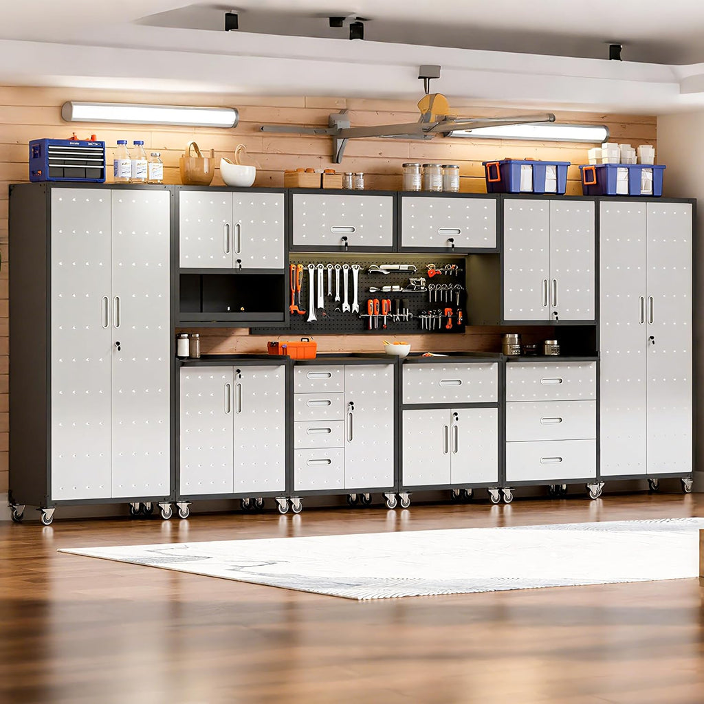 10-Piece Heavy Duty Steel Garage Cabinet System | All-in-One Modular Garage Cabinet Set for Ultimate Workshop Organization | Easy Assembly Garage Storage Cabinets & Tool Bench