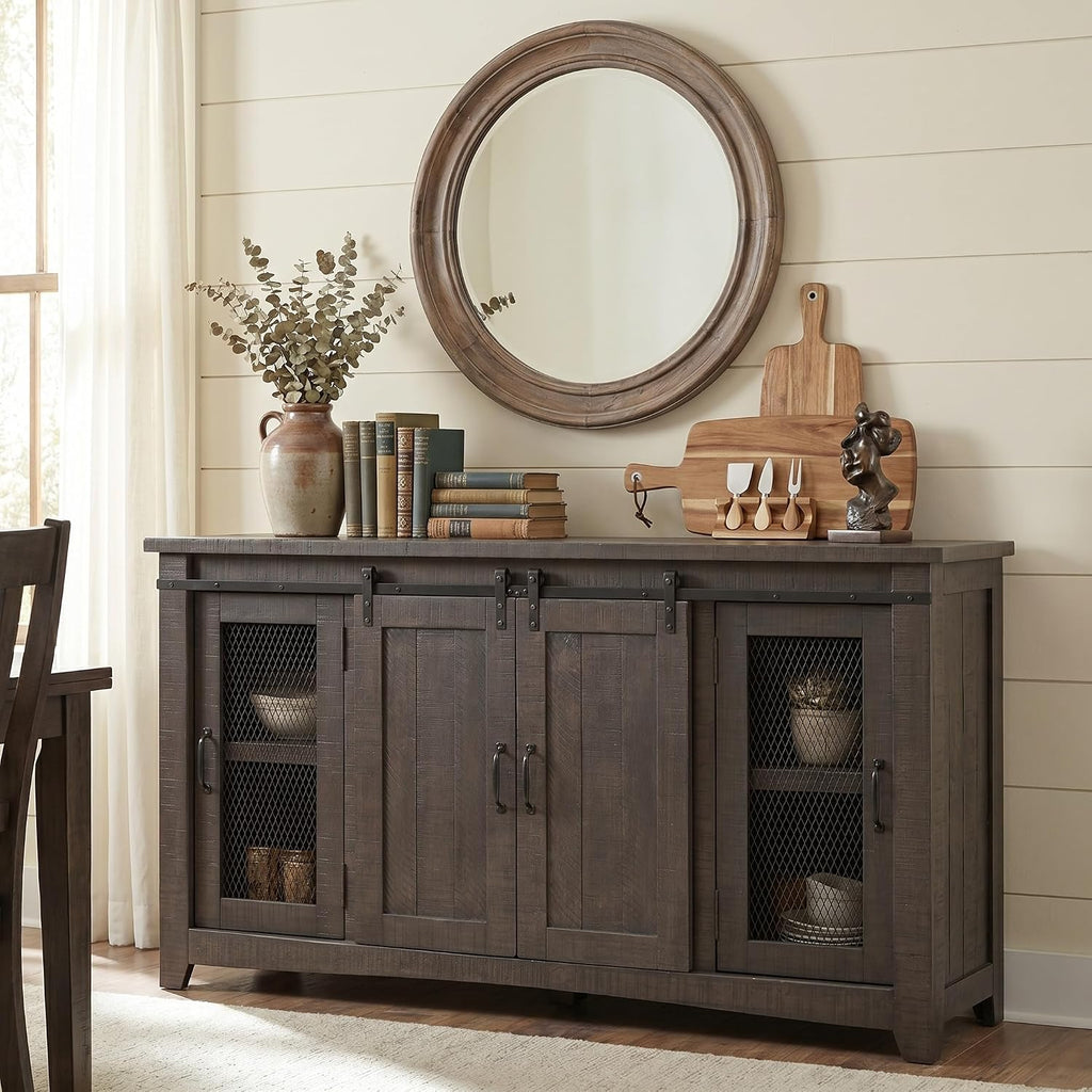 Martin Svensson Home 65' Solid Pine Wood Entertainment Center with Storage. Rustic TV Stand for TVs up to 70.' Sliding Doors, Adjustable Shelves & Cable Management – Gray Finish