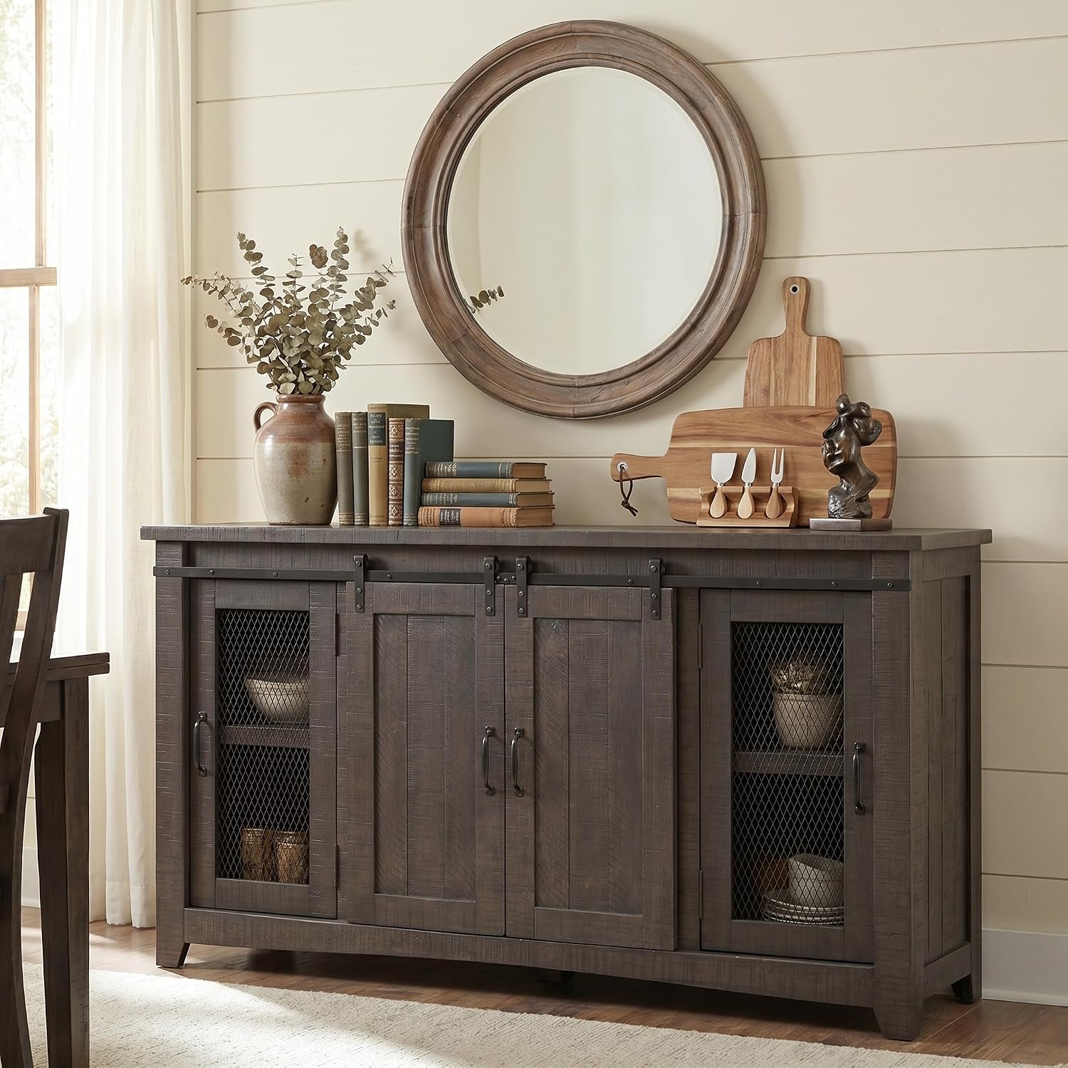 Martin Svensson Home 65' Solid Pine Wood Entertainment Center with Storage. Rustic TV Stand for TVs up to 70.' Sliding Doors, Adjustable Shelves & Cable Management – Gray Finish
