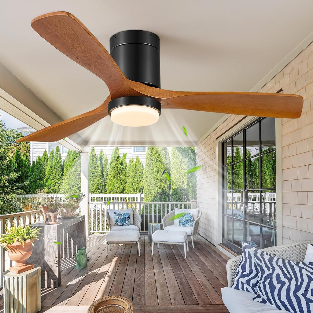 60 Inch Ceiling Fans with Lights Remote, 60' Flush Mount Outdoor Ceiling Fan Exterior, 3 Wood Blades, 6 Speeds, Timer, Quiet DC Motor Modern Low Profile Fan for Patio, 60in,Brown and Black