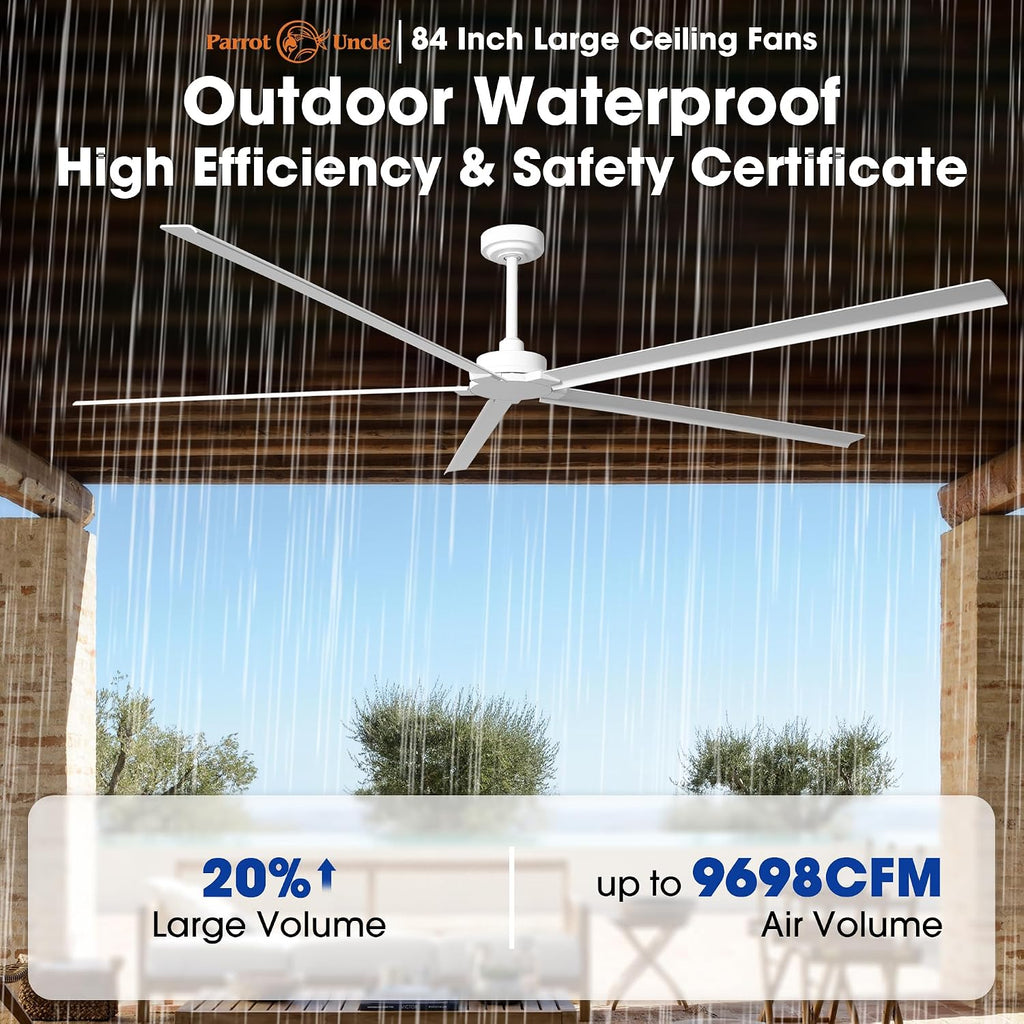 Waterproof Outdoor Ceiling Fans, 84 Inch Modern Ceiling Fan No Light, Industrial DC Motor Ceiling Fans without Lights 6-Speed Outdoor Patio Fan for Porch Gazebo, Reversible Aluminum Blades, Timer