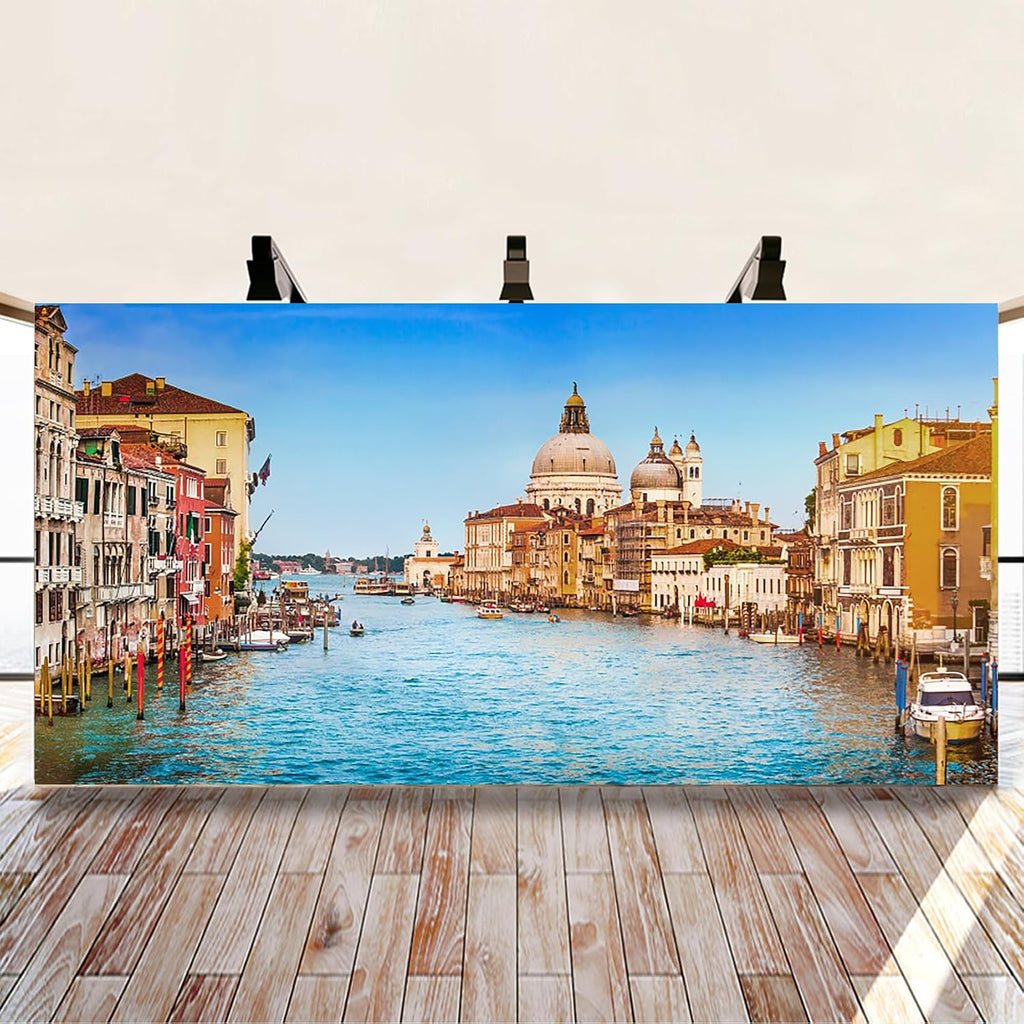 Renaiss 20x10ft Venice Town Backdrop Italy Clear Blue Sky Rivers Water City Scenery Photography Background Historical Buildings Wallpaper Italian Themed Party Decors Holiday Travel Photo Booth Props