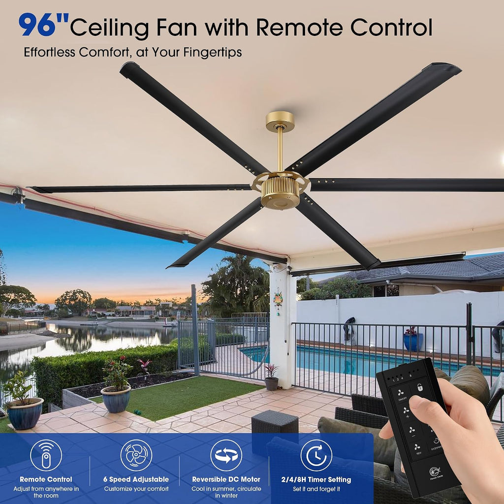 96 Inch Ceiling Fans without Light, Industrial Large Commercial Fan for Shop Gym Garage, Remote Control, Reversible DC Motor, 6 Black Aluminum Blades, Big Outdoor Ceiling Fans for Patios, Vintage Gold