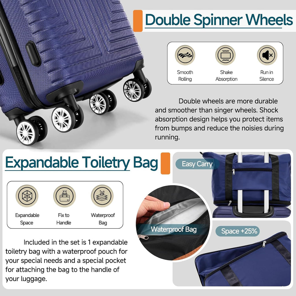 Hoteel Luggage Sets 5 Piece ABS+PC Hardside, 4-Year Warranty, Luggage Set with Dual-Spinner Wheels, TSA Lock, Lightweight Carry on Luggage, 20'/24'/28' Suitcase with Duffel & Organizer, Dark Blue