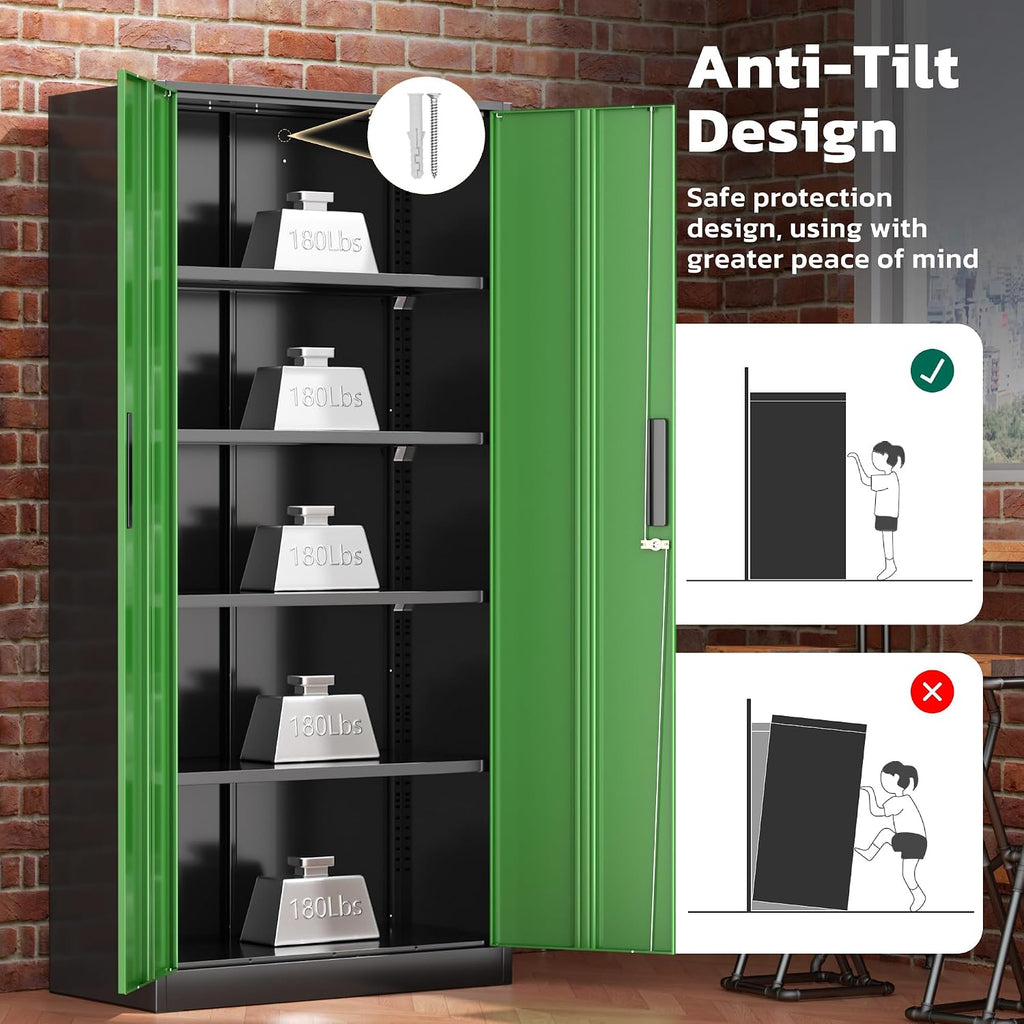 Greenvelly Metal Lockable Storage Cabinet, 72' Storage Cabinet with 2 Doors and 4 Adjustable Shelves for Office, Home, Garage, Pantry (Assembly Required, Black Green)