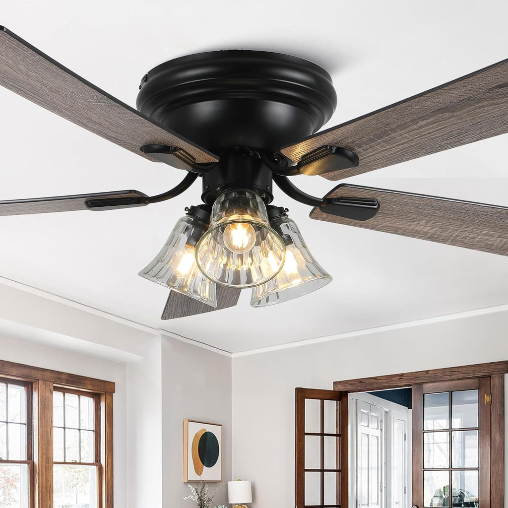 Dawn Whisper 52 Inch Ceiling Fan with Light Flush Mount Classic Vintage Farmhouse Ceiling Fan with 3 E26 Covered Energy Efficient Light Bulbs Base