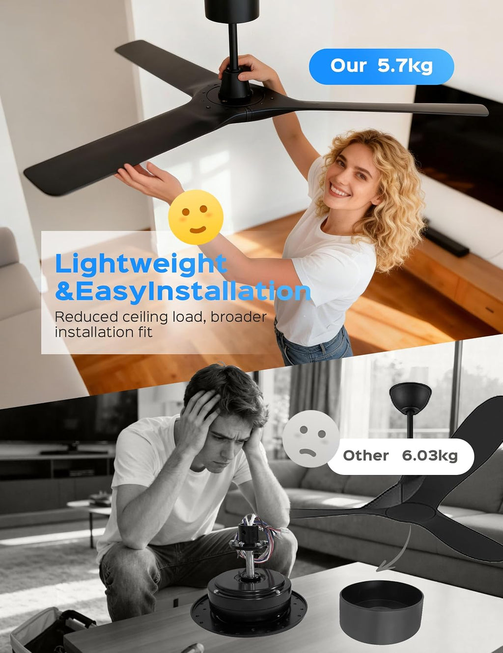 60 Inch Ultra-thin Ceiling Fan Without Lights, Whole Aluminum DC Motor and Blades,6 Speed Adjustable Black Indoor Outdoor Ceiling Fan for Patios and Bedroom