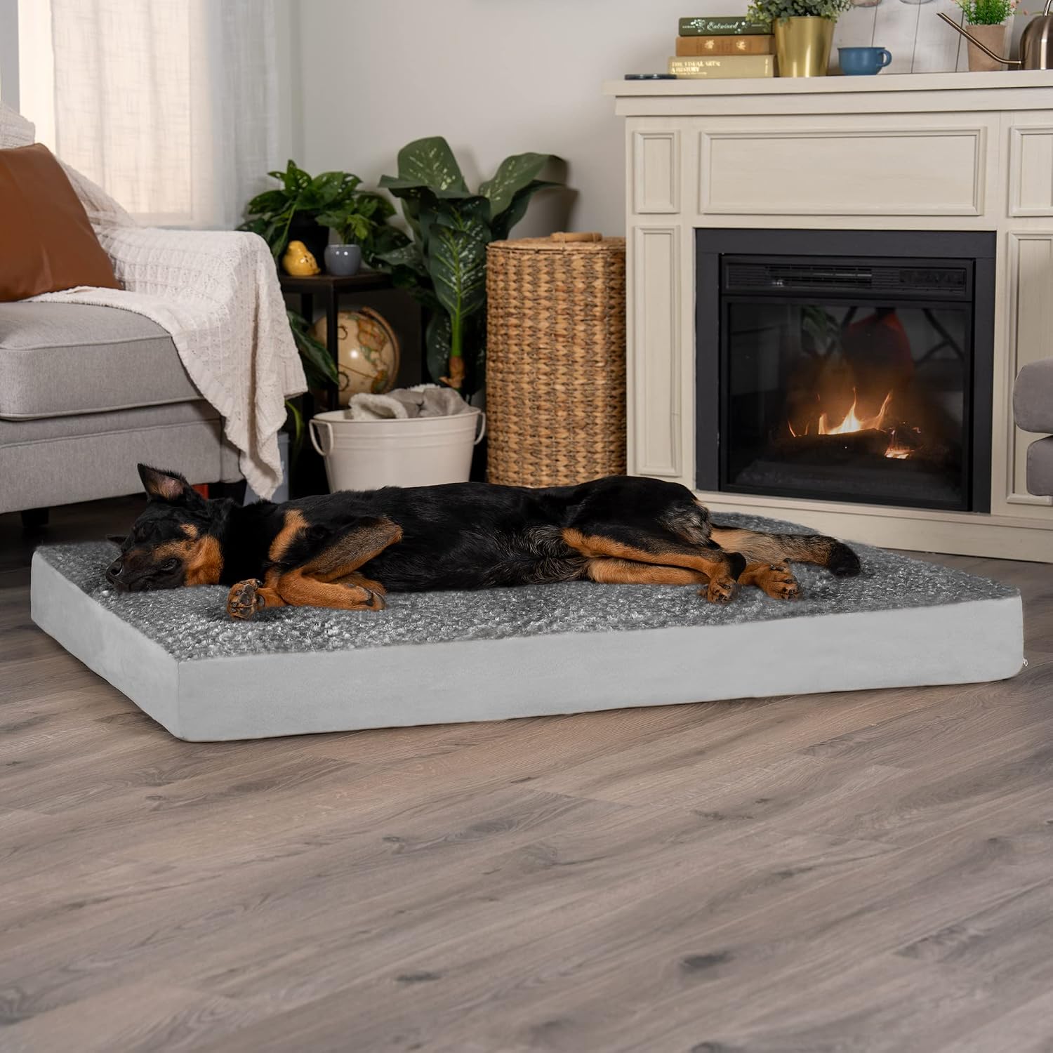 Furhaven Memory Foam Dog Bed for Large Dogs w/ Removable Washable Cover, For Dogs Up to 125 lbs - Ultra Plush Faux Fur & Suede Mattress - Gray, Jumbo Plus/XXL