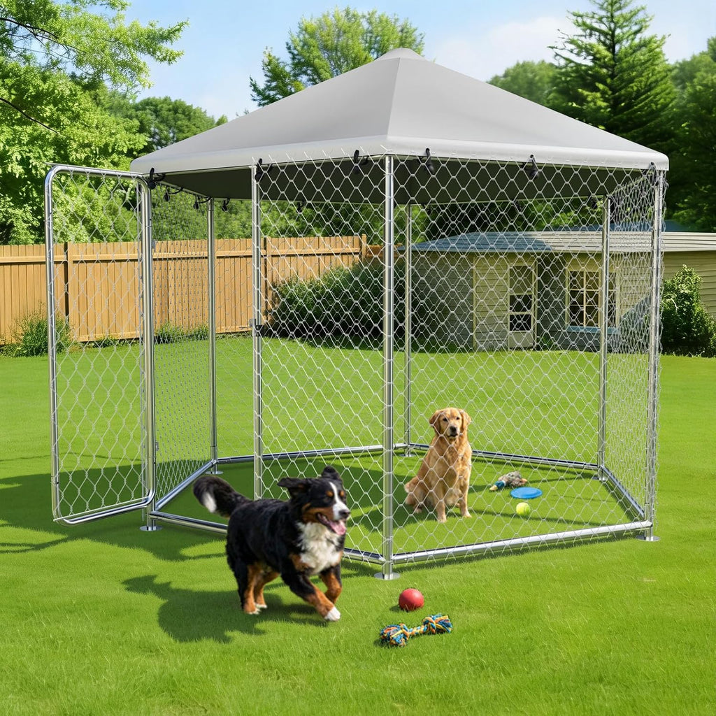 6.8x6.8 FT Heavy Duty Large Outdoor Dog Kennel Outside, Galvanized Steel Enclosure with Waterproof UV-Resistant Roof, Lockable Door, Hexagonal Wire Mesh Dog Run