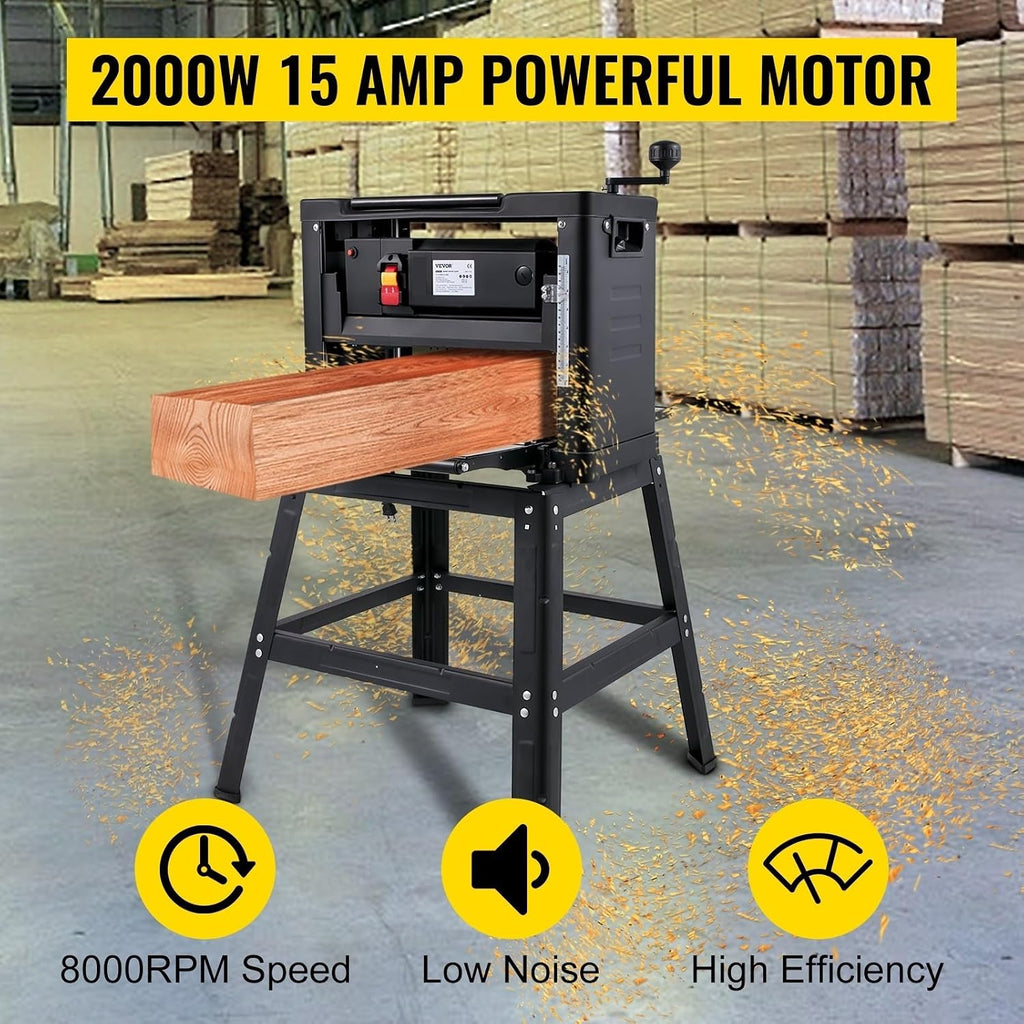 12 Inch Wood Planer 2000W Benchtop Thickness Portable Waterproof Dustproof Heavy Duty Woodworking with Stand HSS Blades, DIY Tools