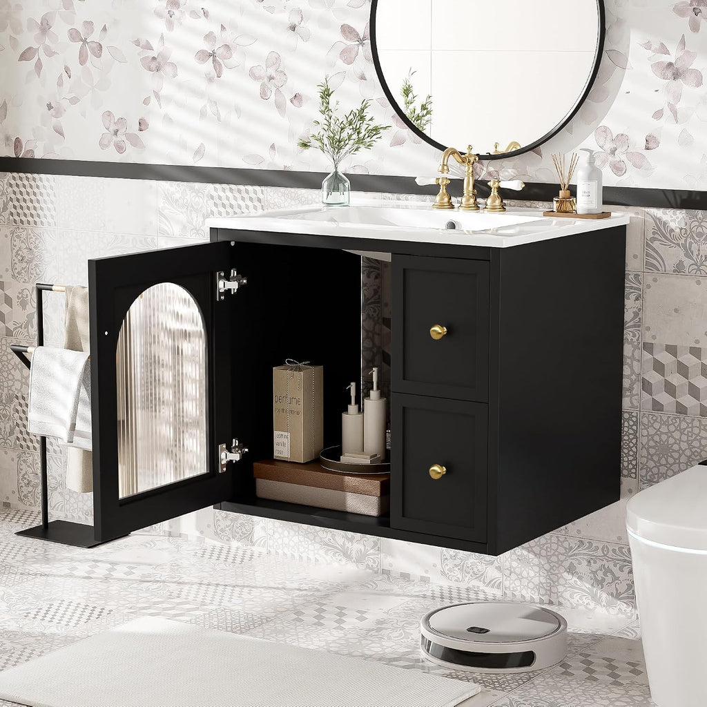 24 Inch Modern Wall Mounted Floating Bathroom Vanity Set with Ceramic Sink, 2 Drawers and 1 Soft-Close Door Bathroom Sink Cabinet for Guest Baths Master Suites (Black)