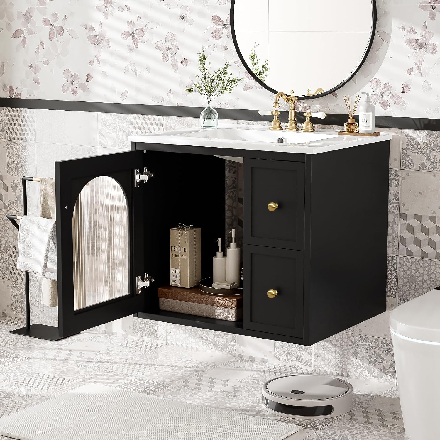 24 Inch Modern Wall Mounted Floating Bathroom Vanity Set with Ceramic Sink, 2 Drawers and 1 Soft-Close Door Bathroom Sink Cabinet for Guest Baths Master Suites (Black)